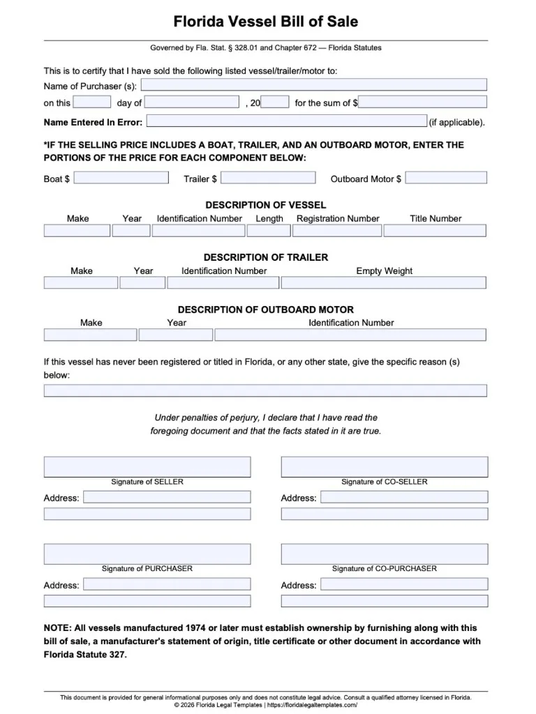 Florida Vessel Bill of Sale form showing purchaser, price, vessel, trailer, and motor fields used to document a boat purchase.